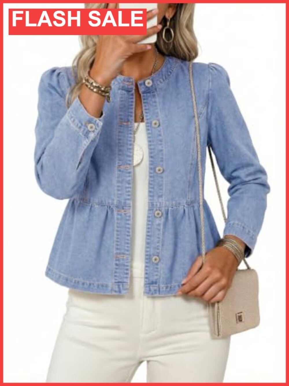 Peplum Denim Jacket Button Down Ruffle Hem Puff Sleeve Collarless